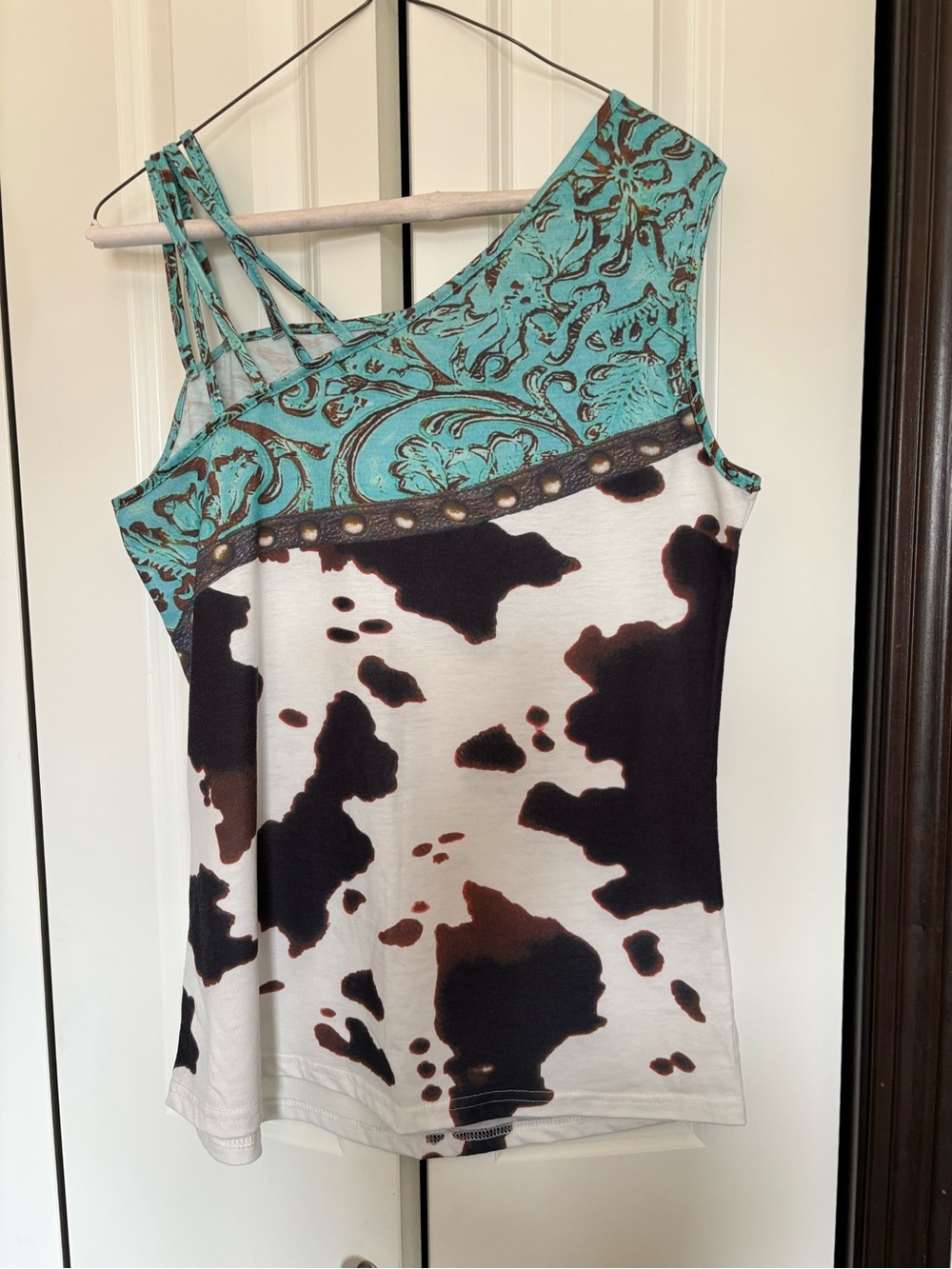 Aqua Paisley & Black-Brown Cowprint Asymmetrical Women’s Tank Top